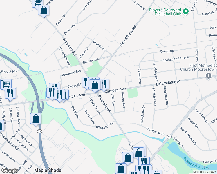 map of restaurants, bars, coffee shops, grocery stores, and more near 105 East Camden Avenue in Moorestown