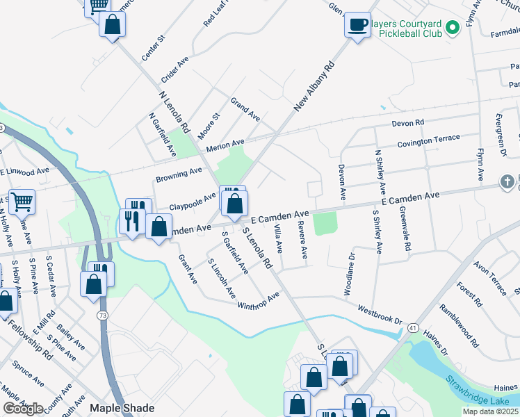 map of restaurants, bars, coffee shops, grocery stores, and more near 105 East Camden Avenue in Moorestown
