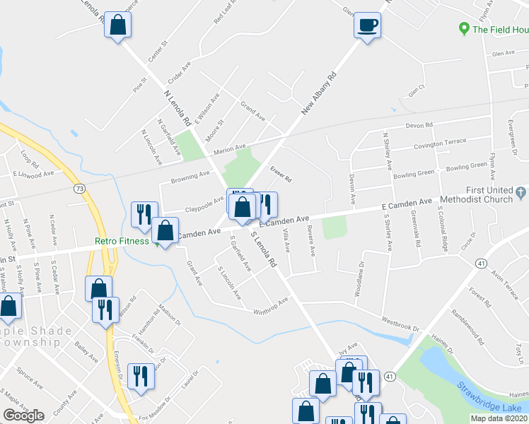 map of restaurants, bars, coffee shops, grocery stores, and more near 105 East Camden Avenue in Moorestown