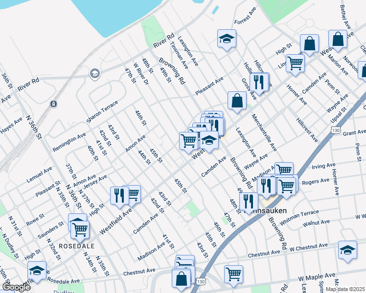 map of restaurants, bars, coffee shops, grocery stores, and more near 1927 West River Drive in Pennsauken Township