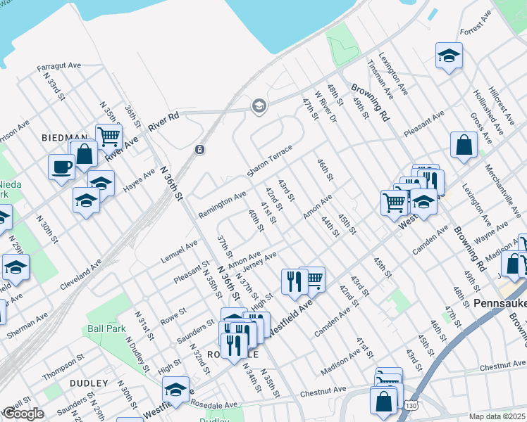 map of restaurants, bars, coffee shops, grocery stores, and more near 1720 41st Street in Pennsauken Township