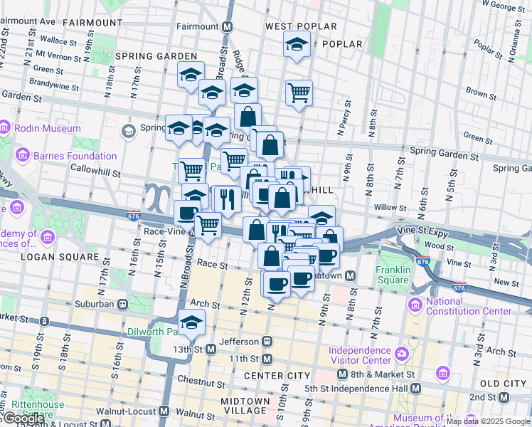 map of restaurants, bars, coffee shops, grocery stores, and more near 1126 Callowhill Street in Philadelphia