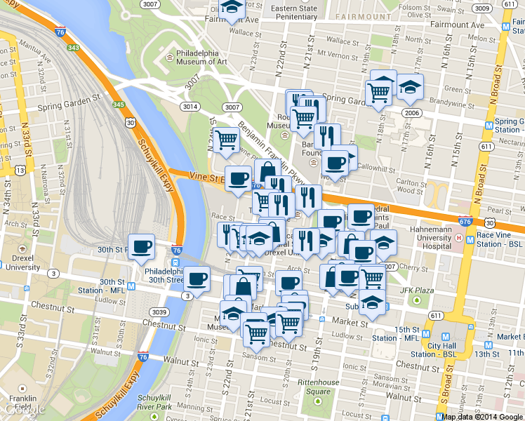 map of restaurants, bars, coffee shops, grocery stores, and more near 2144 Spring Street in Philadelphia