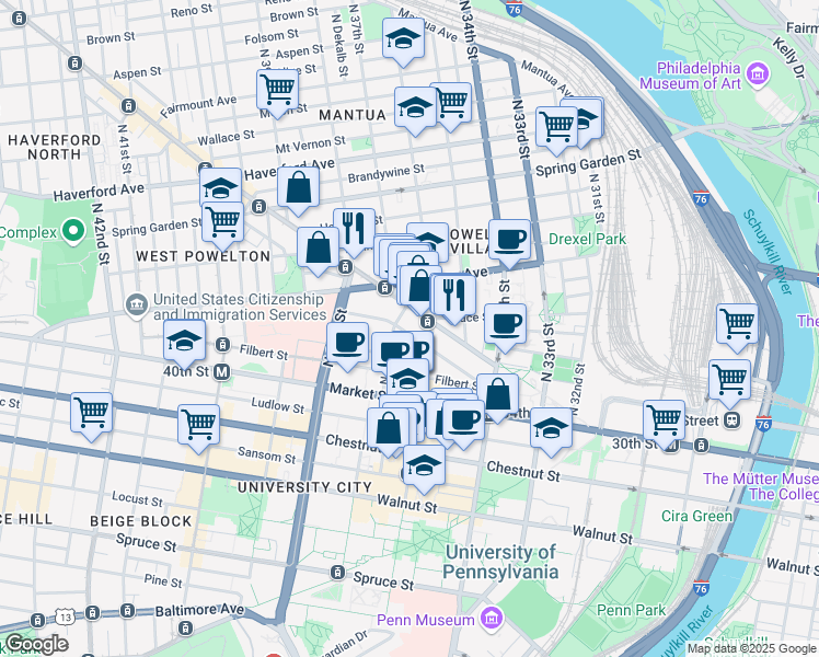 map of restaurants, bars, coffee shops, grocery stores, and more near in Philadelphia