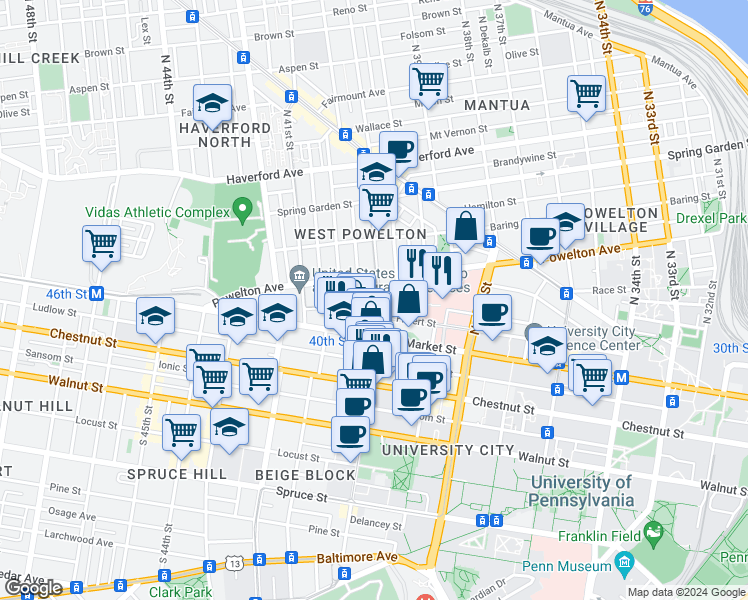 map of restaurants, bars, coffee shops, grocery stores, and more near 49 Wiota Street in Philadelphia