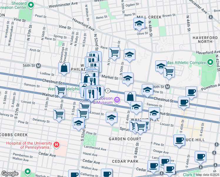 map of restaurants, bars, coffee shops, grocery stores, and more near 5028 Ludlow Street in Philadelphia