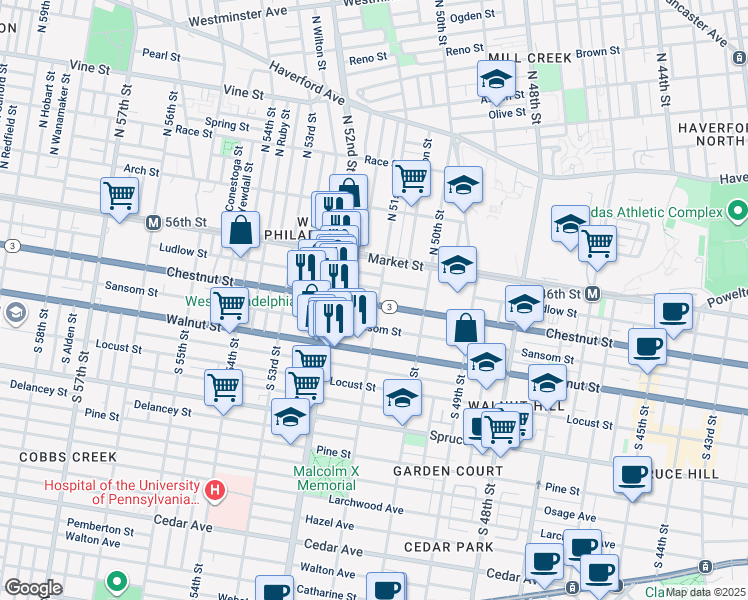 map of restaurants, bars, coffee shops, grocery stores, and more near 38 South 51st Street in Philadelphia