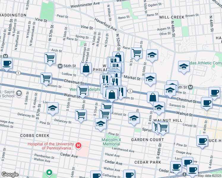 map of restaurants, bars, coffee shops, grocery stores, and more near 47 South 52nd Street in Philadelphia