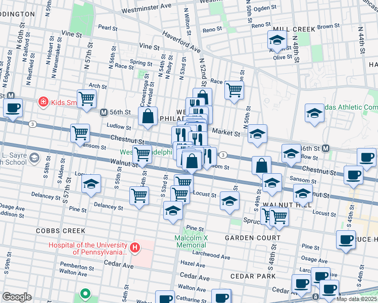 map of restaurants, bars, coffee shops, grocery stores, and more near 5208 Chestnut Street in Philadelphia