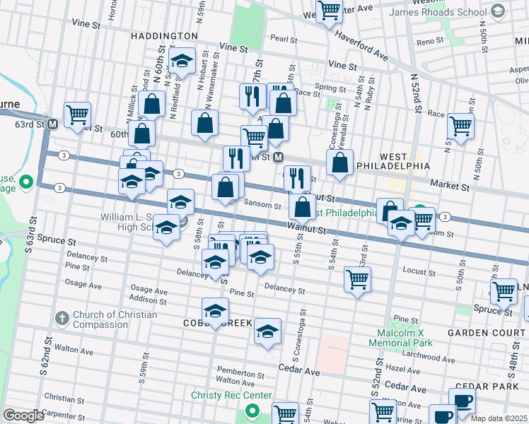 map of restaurants, bars, coffee shops, grocery stores, and more near 5620 Sansom Street in Philadelphia