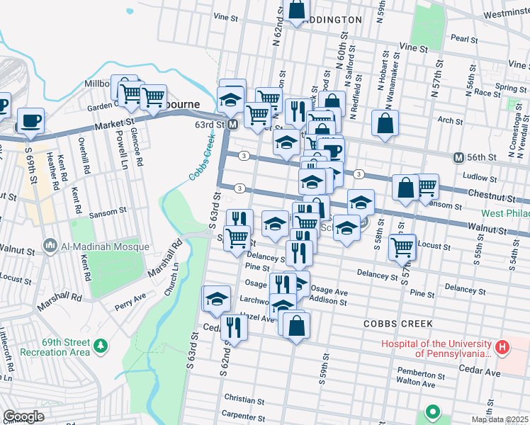 map of restaurants, bars, coffee shops, grocery stores, and more near 6132 Chancellor Street in Philadelphia