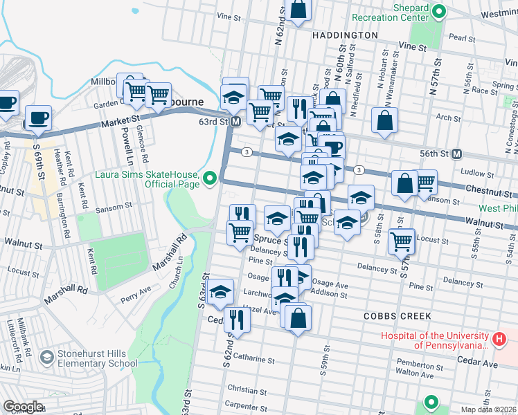 map of restaurants, bars, coffee shops, grocery stores, and more near 6132 Chancellor Street in Philadelphia