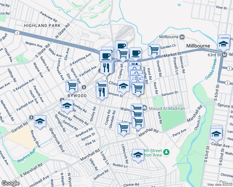 map of restaurants, bars, coffee shops, grocery stores, and more near 115 Glendale Road in Delaware County