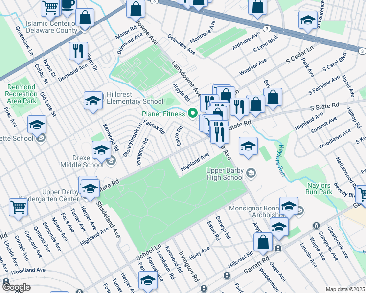 map of restaurants, bars, coffee shops, grocery stores, and more near 807 Eaton Road in Drexel Hill
