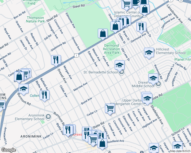 map of restaurants, bars, coffee shops, grocery stores, and more near 1102 Ormond Avenue in Drexel Hill