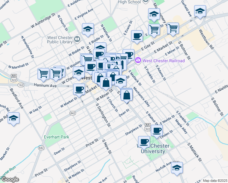 map of restaurants, bars, coffee shops, grocery stores, and more near 109 South High Street in West Chester