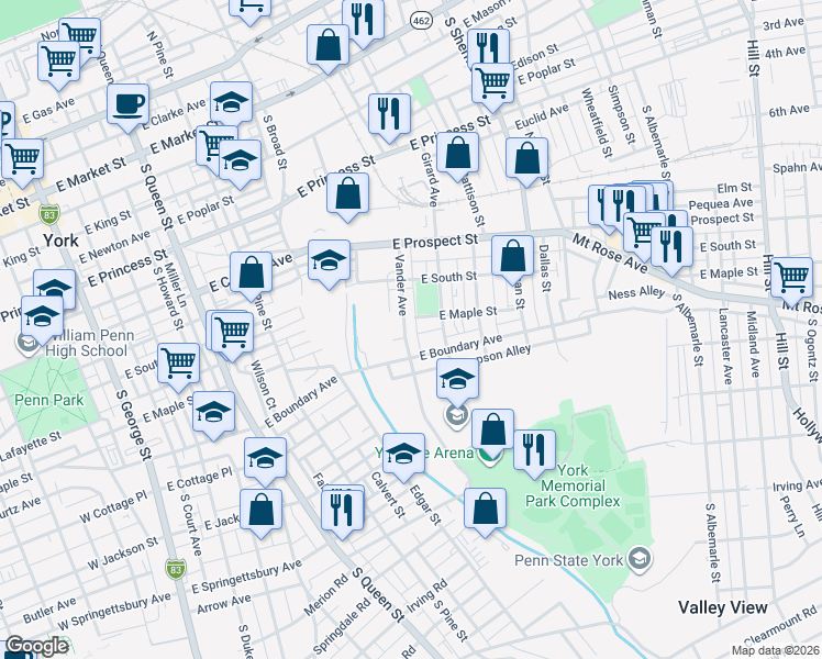 map of restaurants, bars, coffee shops, grocery stores, and more near 616 East Maple Street in York