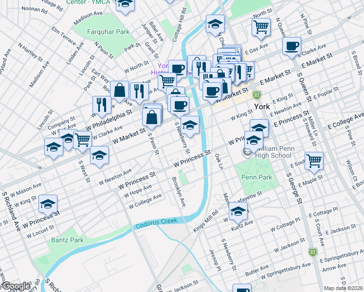 map of restaurants, bars, coffee shops, grocery stores, and more near 116 South Newberry Street in York
