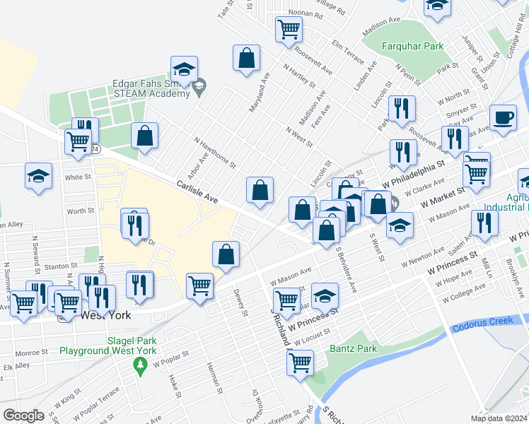 map of restaurants, bars, coffee shops, grocery stores, and more near 829 Linden Avenue in York