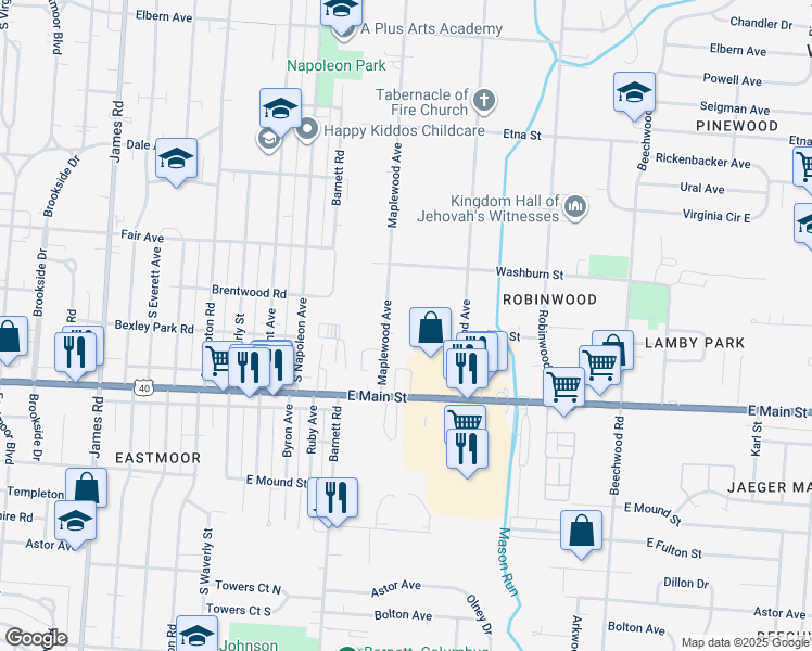 map of restaurants, bars, coffee shops, grocery stores, and more near 698 Maplewood Avenue in Columbus