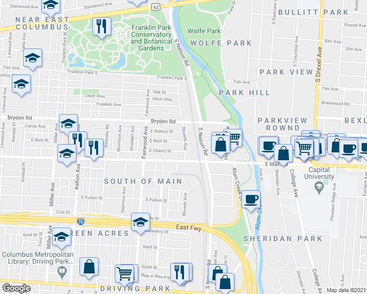 map of restaurants, bars, coffee shops, grocery stores, and more near 1839 East Rich Street in Columbus