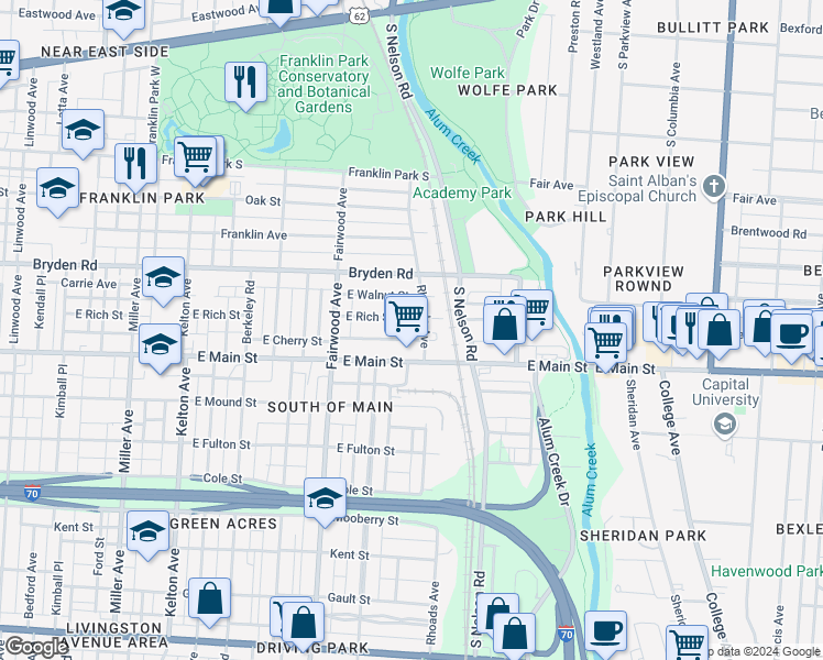 map of restaurants, bars, coffee shops, grocery stores, and more near 1839 East Rich Street in Columbus