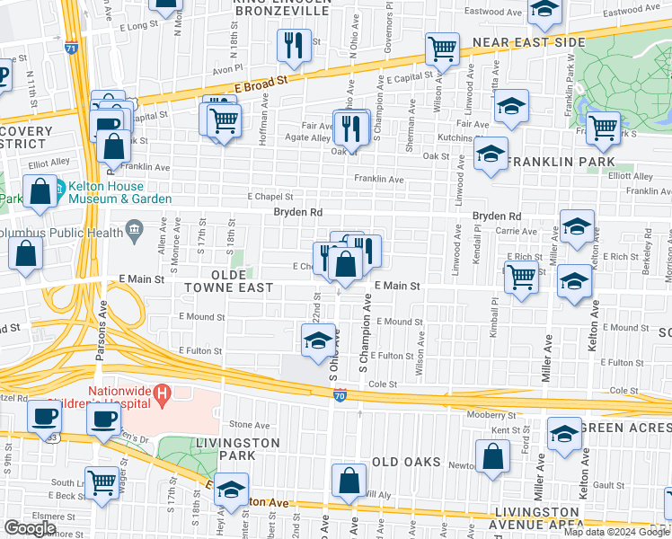 map of restaurants, bars, coffee shops, grocery stores, and more near 333 South Ohio Avenue in Columbus