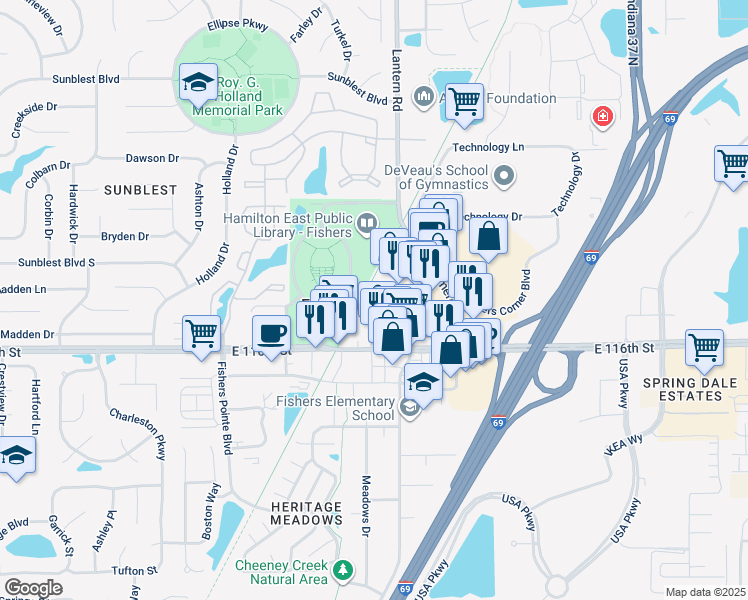map of restaurants, bars, coffee shops, grocery stores, and more near 11699 Maple Street in Fishers