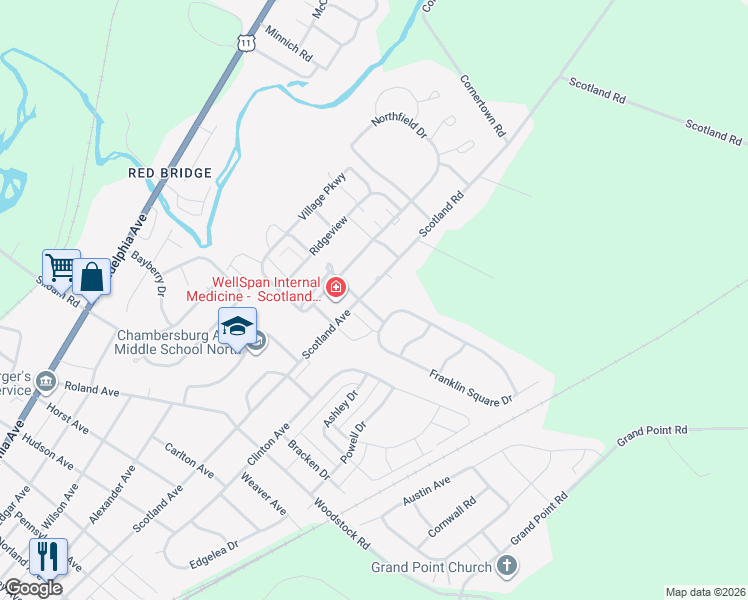 map of restaurants, bars, coffee shops, grocery stores, and more near 2218 Scotland Road in Chambersburg