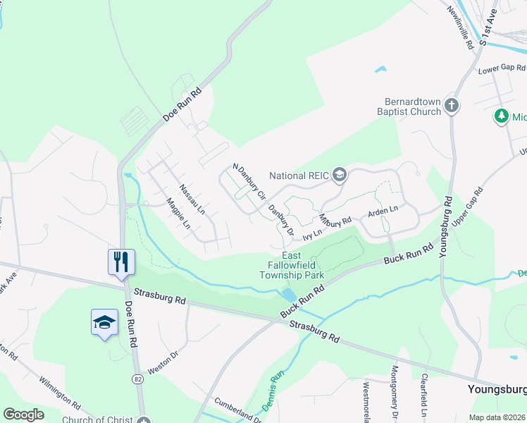 map of restaurants, bars, coffee shops, grocery stores, and more near 76 North Danbury Circle in Coatesville