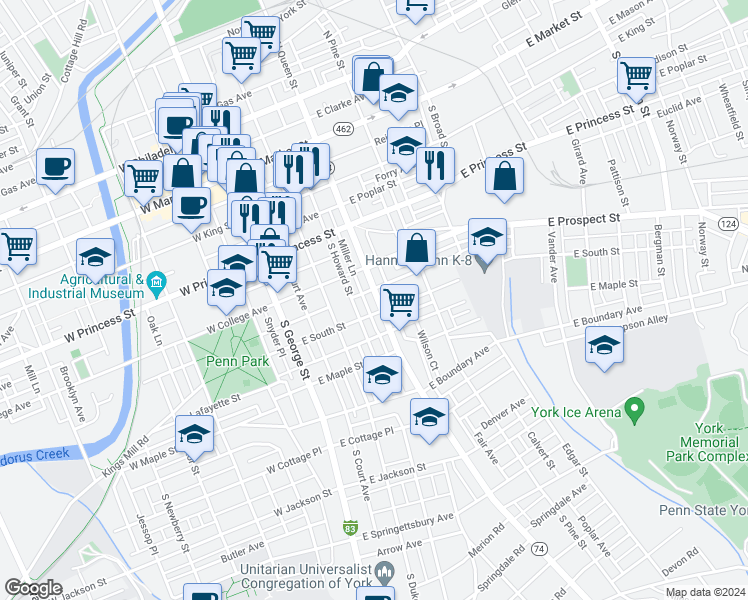 map of restaurants, bars, coffee shops, grocery stores, and more near 344 South Queen Street in York