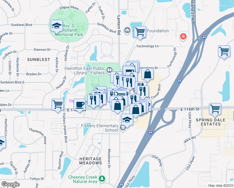 map of restaurants, bars, coffee shops, grocery stores, and more near 11699 Maple Street in Fishers
