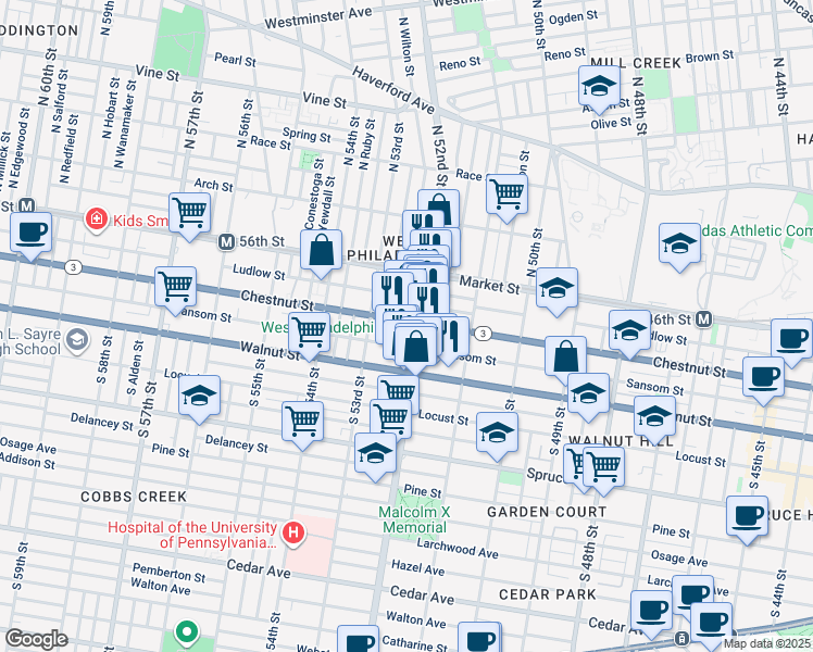 map of restaurants, bars, coffee shops, grocery stores, and more near 5212 Chestnut Street in Philadelphia