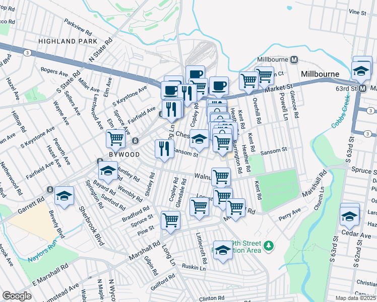 map of restaurants, bars, coffee shops, grocery stores, and more near 432 Glendale Road in Upper Darby