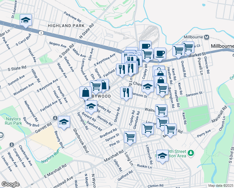 map of restaurants, bars, coffee shops, grocery stores, and more near 200 Hampden Road in Delaware County