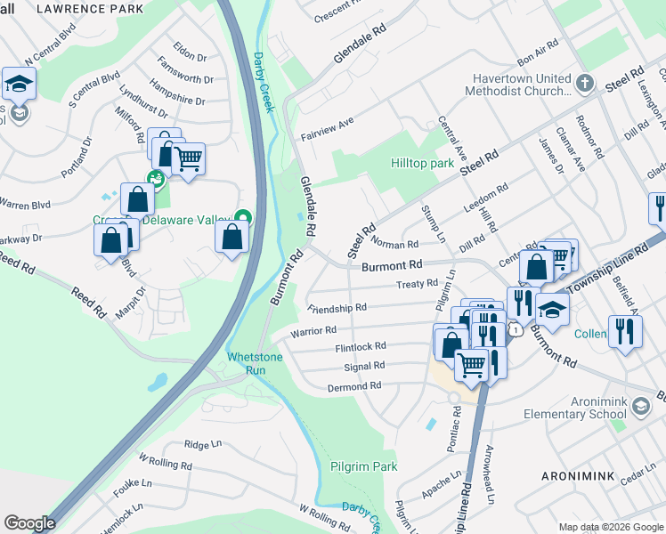 map of restaurants, bars, coffee shops, grocery stores, and more near 1603 Burmont Road in Drexel Hill