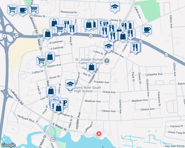 map of restaurants, bars, coffee shops, grocery stores, and more near 416 Hooper Avenue in Toms River