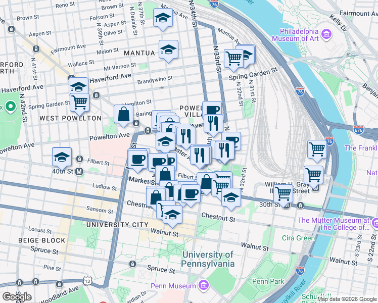 map of restaurants, bars, coffee shops, grocery stores, and more near 4 North 35th Street in Philadelphia