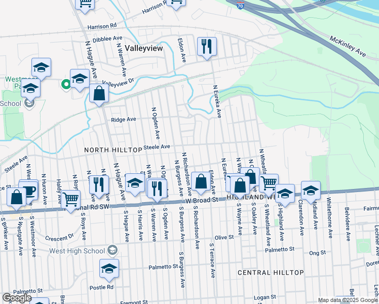 map of restaurants, bars, coffee shops, grocery stores, and more near 153 North Terrace Avenue in Columbus