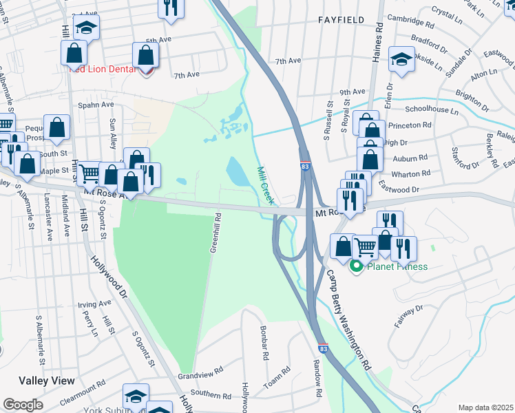 map of restaurants, bars, coffee shops, grocery stores, and more near 1703-1729 Mount Rose Avenue in York