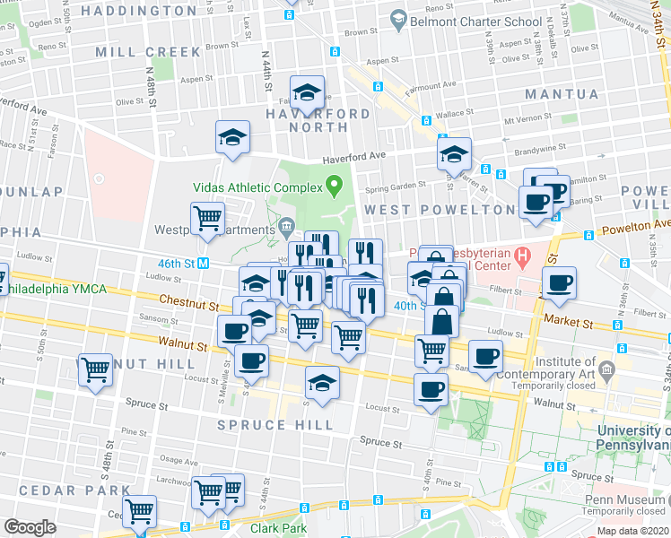 map of restaurants, bars, coffee shops, grocery stores, and more near 4246 Powelton Avenue in Philadelphia