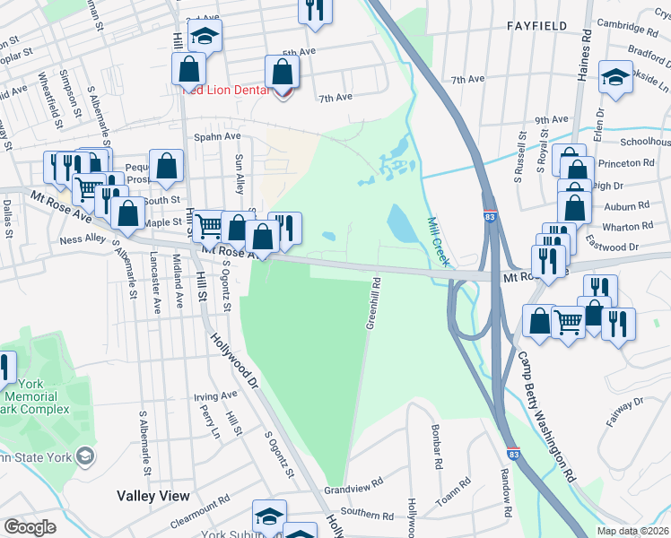map of restaurants, bars, coffee shops, grocery stores, and more near 1630 Mount Rose Avenue in York
