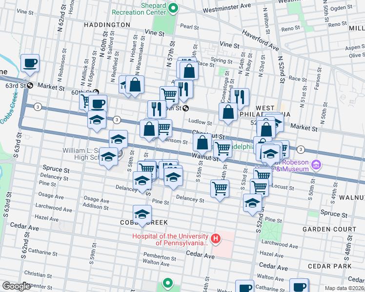 map of restaurants, bars, coffee shops, grocery stores, and more near 5532 Sansom Street in Philadelphia