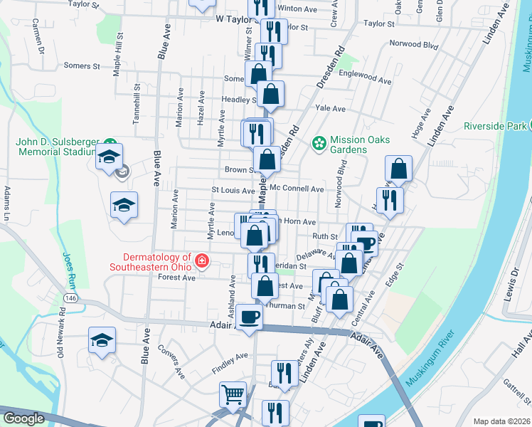 map of restaurants, bars, coffee shops, grocery stores, and more near 16 Stanton Avenue in Zanesville