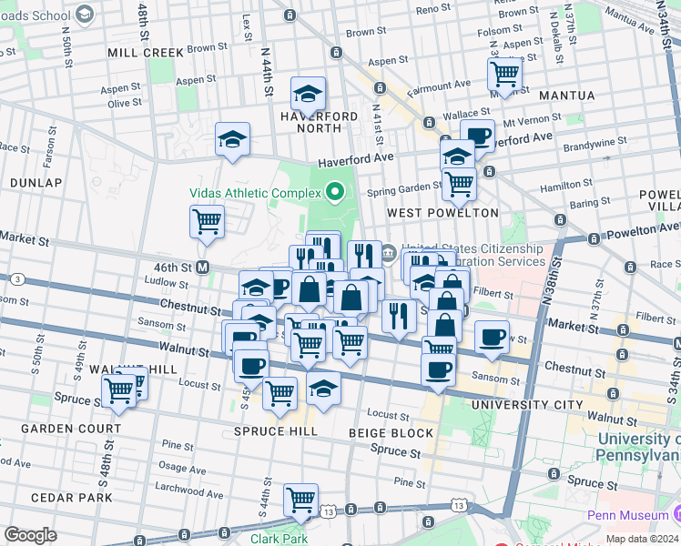 map of restaurants, bars, coffee shops, grocery stores, and more near 4240 Powelton Avenue in Philadelphia