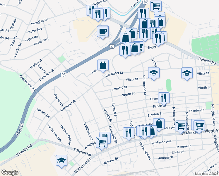 map of restaurants, bars, coffee shops, grocery stores, and more near 37 Ridgeway Drive in York