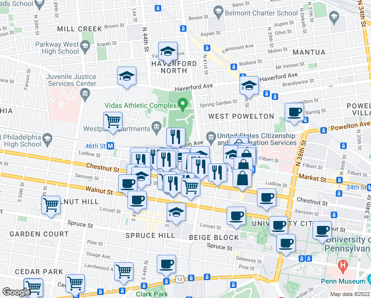 map of restaurants, bars, coffee shops, grocery stores, and more near 4240 Powelton Avenue in Philadelphia