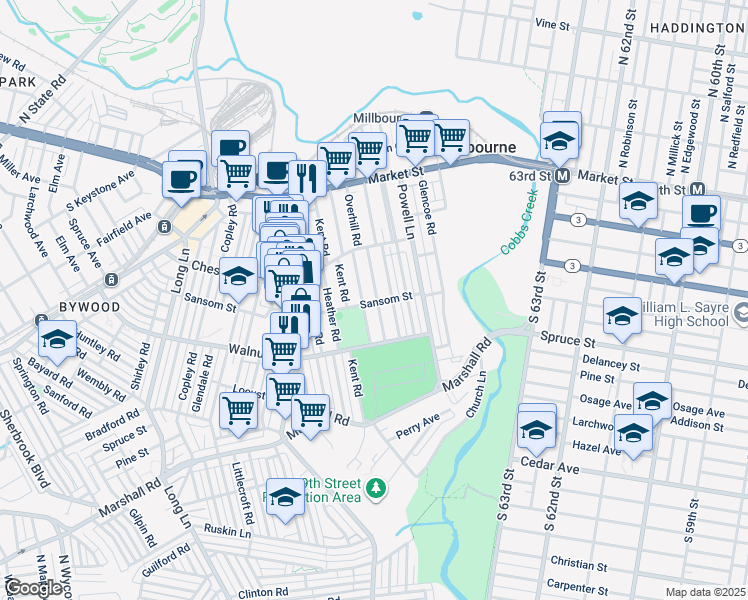 map of restaurants, bars, coffee shops, grocery stores, and more near 138 Overhill Road in Upper Darby