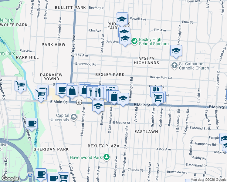map of restaurants, bars, coffee shops, grocery stores, and more near 2504 Sherwood Road in Columbus