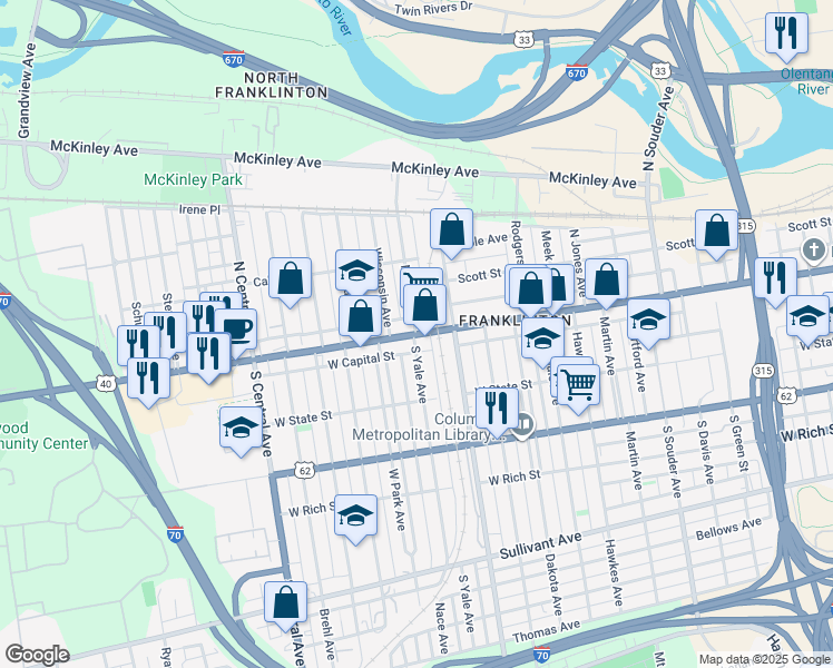 map of restaurants, bars, coffee shops, grocery stores, and more near W Broad St & N Yale Ave in Columbus